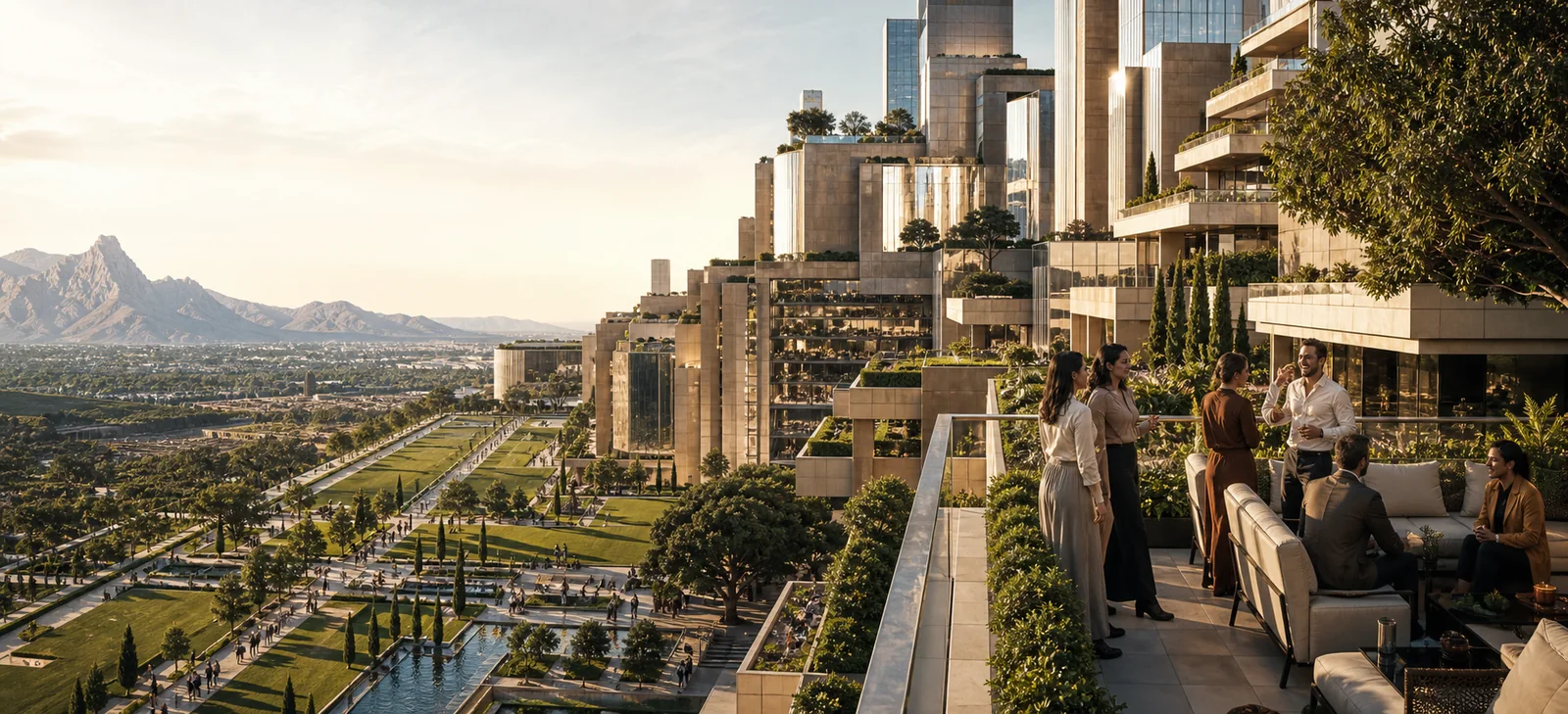 A terrace overlooking parkland and a future city, with people meeting beside the skyline